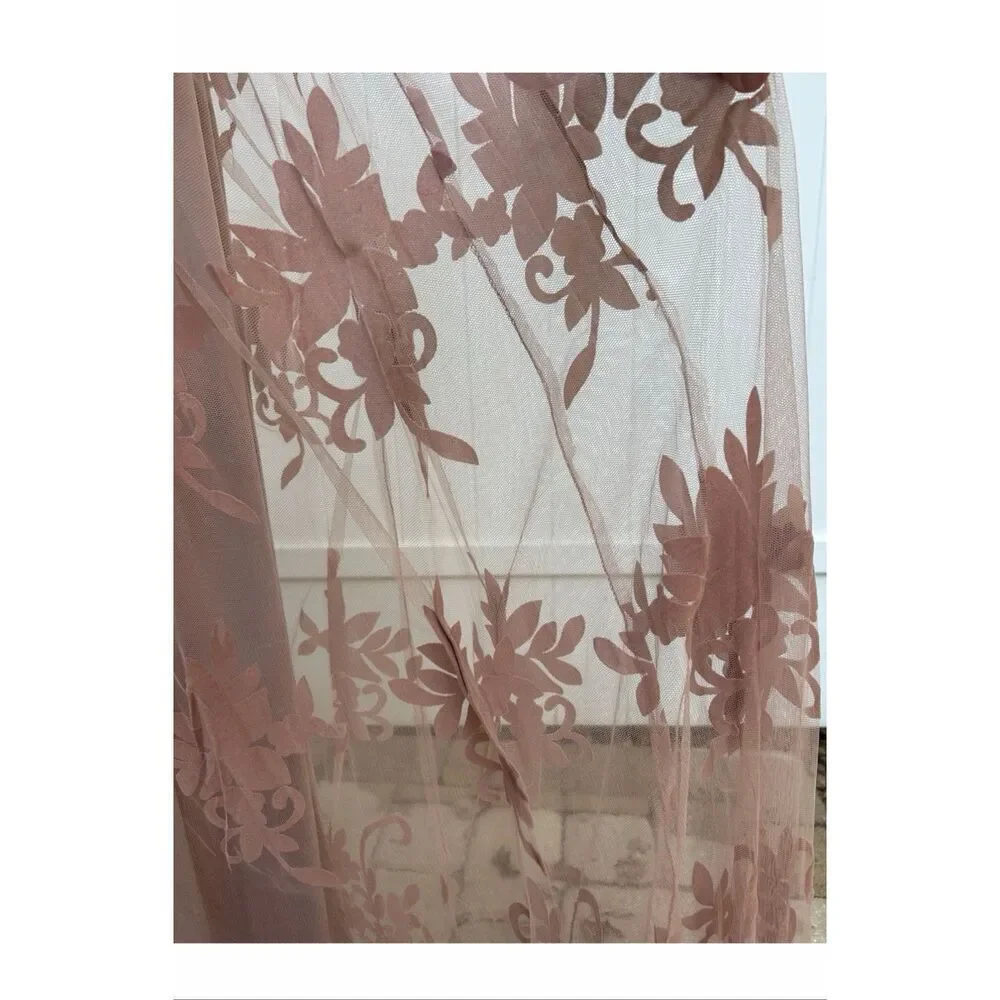 LUXXEL •  Blush Pink Velvet Floral and Tulle Deep V Plunge Back Spaghetti Cross